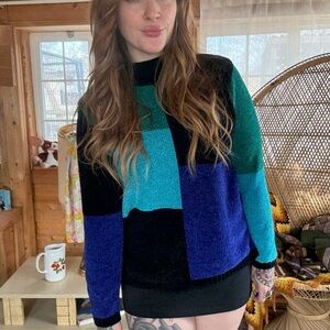 Vintage Sag Harbor Women's Colorblock Sweater - Black, Teal, Blue